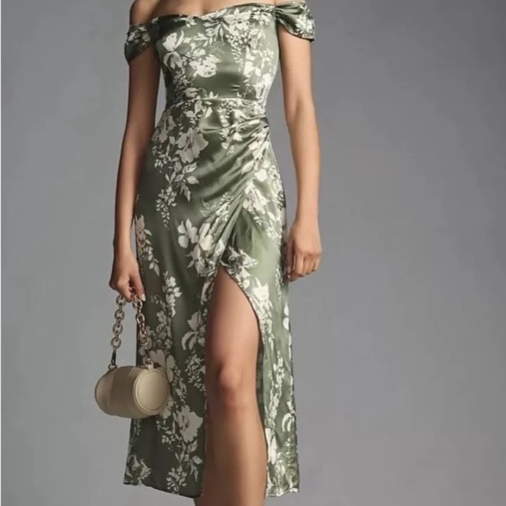 Reformation Genesis Silk Dress in Willow (Floral Green)